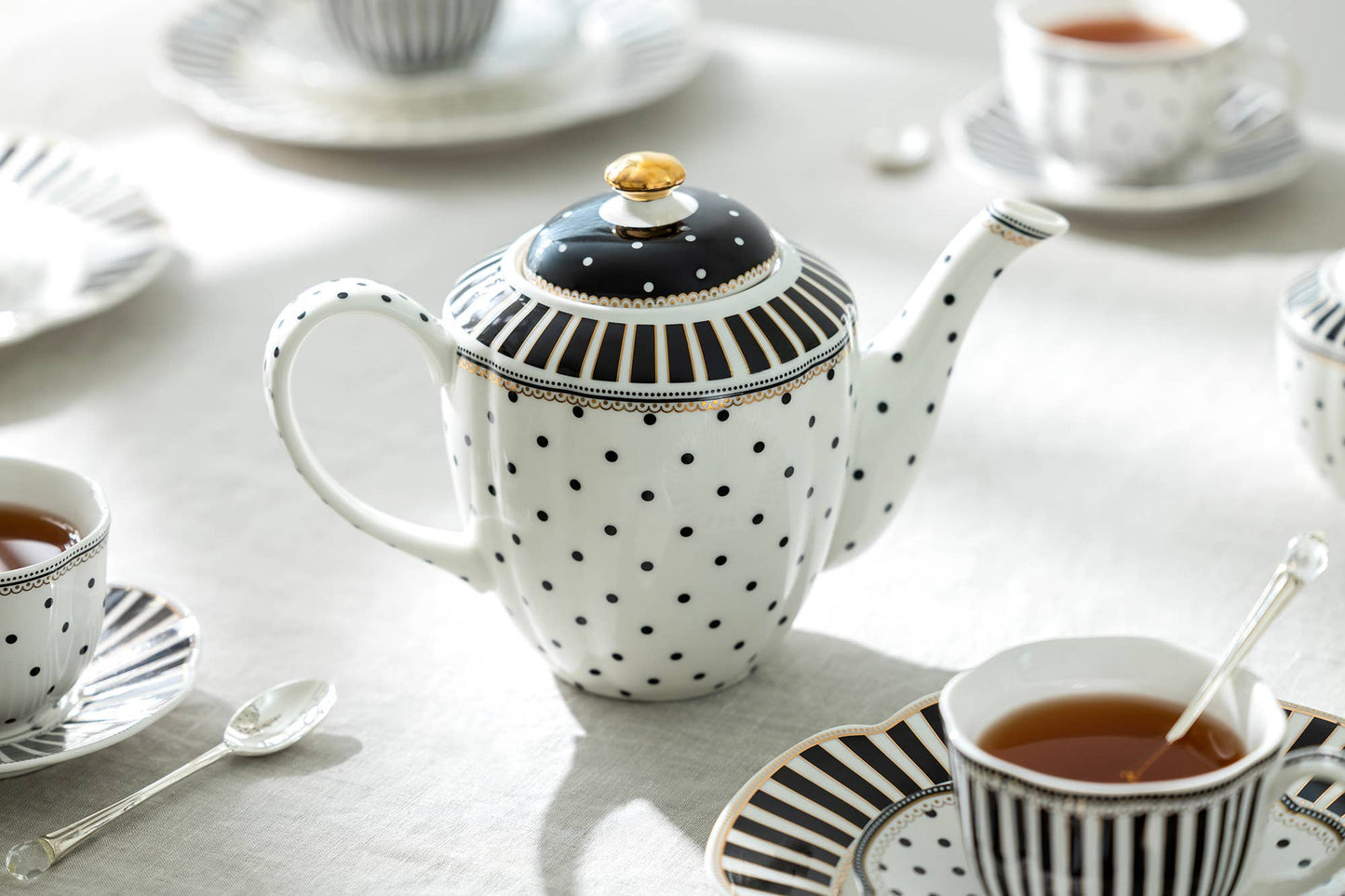 Grace Teaware - Black Josephine Stripes and Dots 32oz Fine Porcelain Teapot