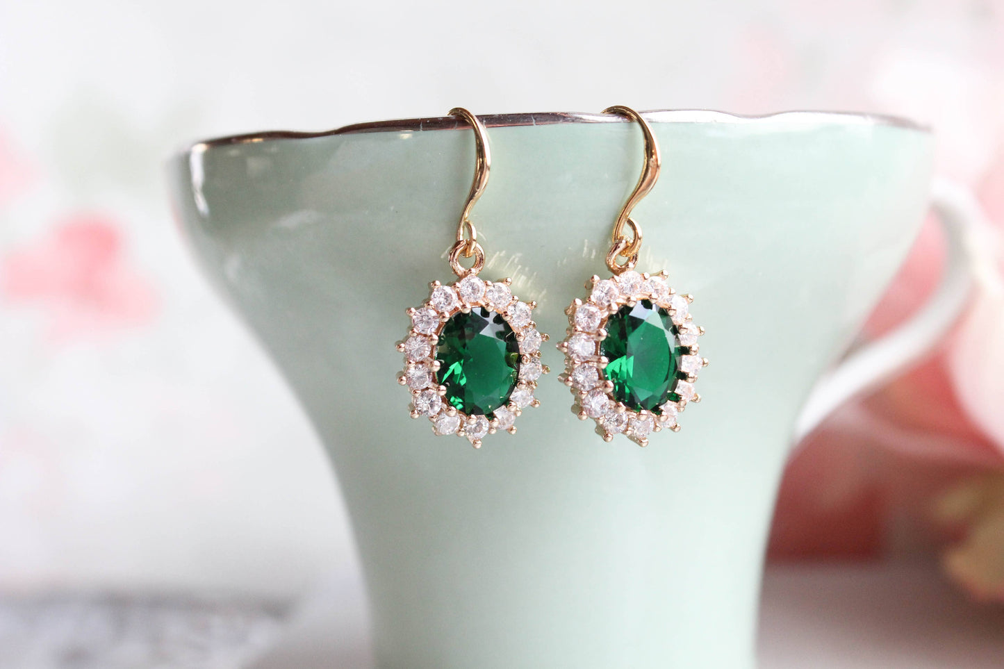 A Pocket of Posies - Emerald Green Oval Glass Earrings: Gold