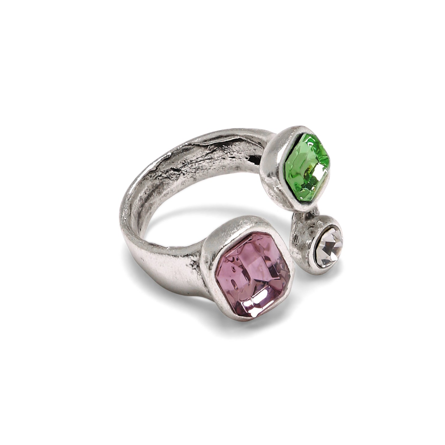 Chanour - Handmade Green Pink Crystal Brass Ring - 6986