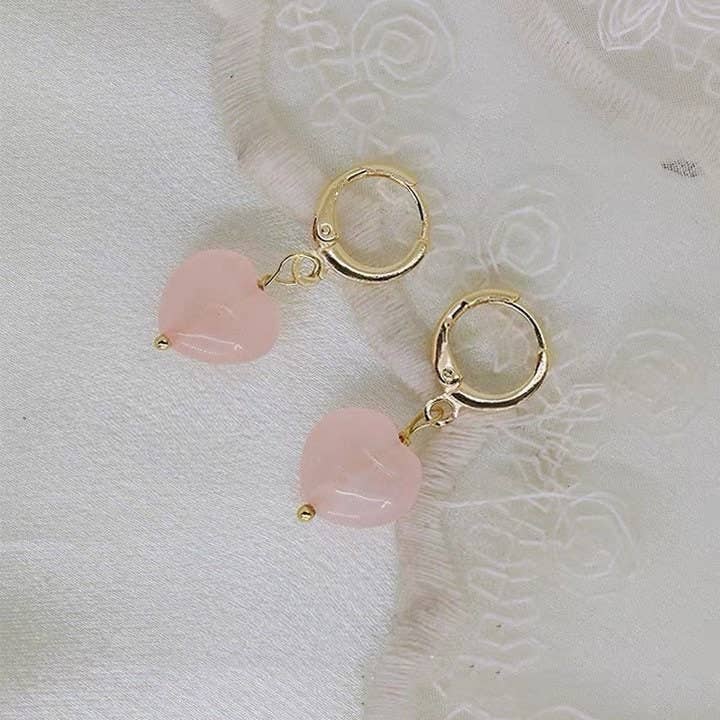 Haengseongworkshop - 18K Gold Plated 10/12mm Rose Quartz Heart Earrings: 12mm