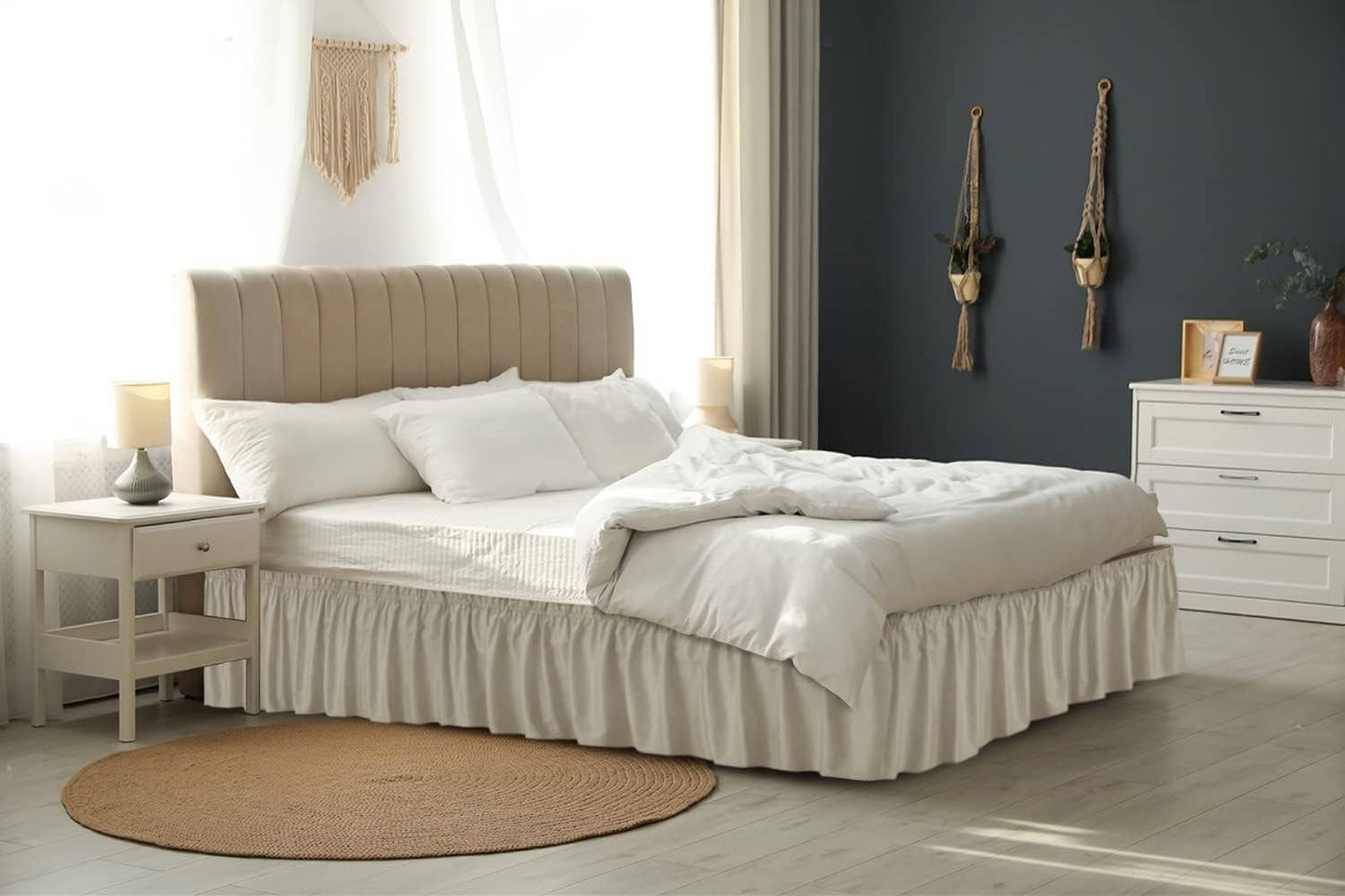 CGK Unlimited - Elastic Wrap-Around Dust Ruffled Bed Skirt- Pleated 12" Drop: Gray / Queen