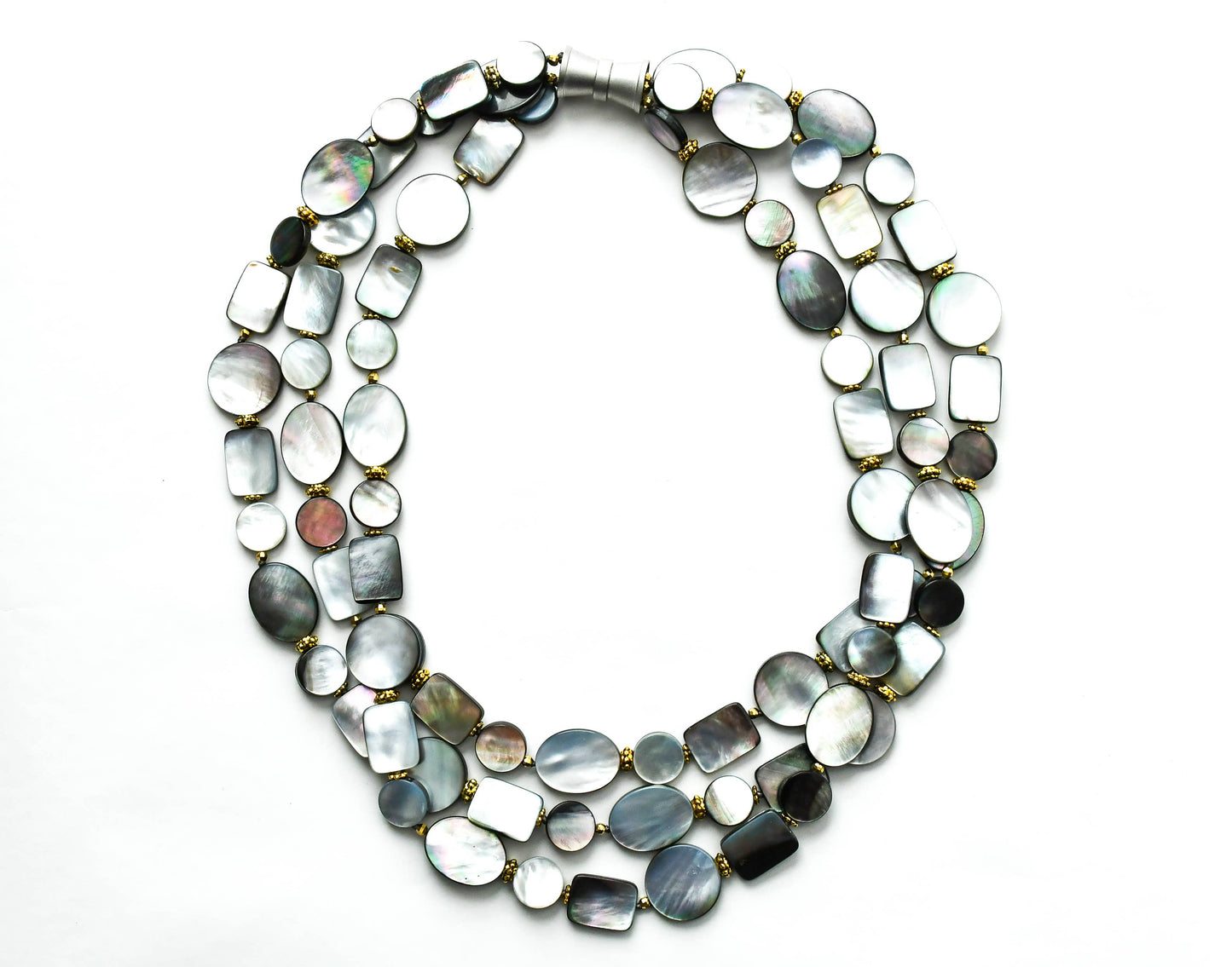 Sea Lily - SH46B - Black Mop 3 Strand Necklace With Oval And Round And