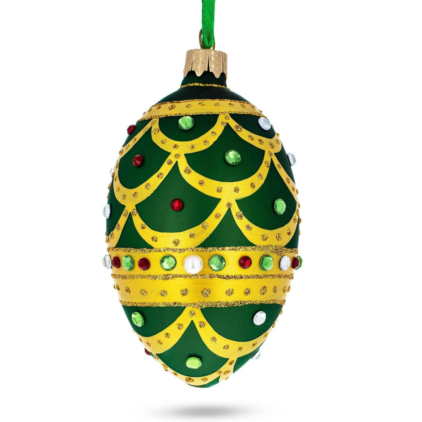 BestPysanky - Gold Scallop on Green Jeweled Egg Glass Ornament