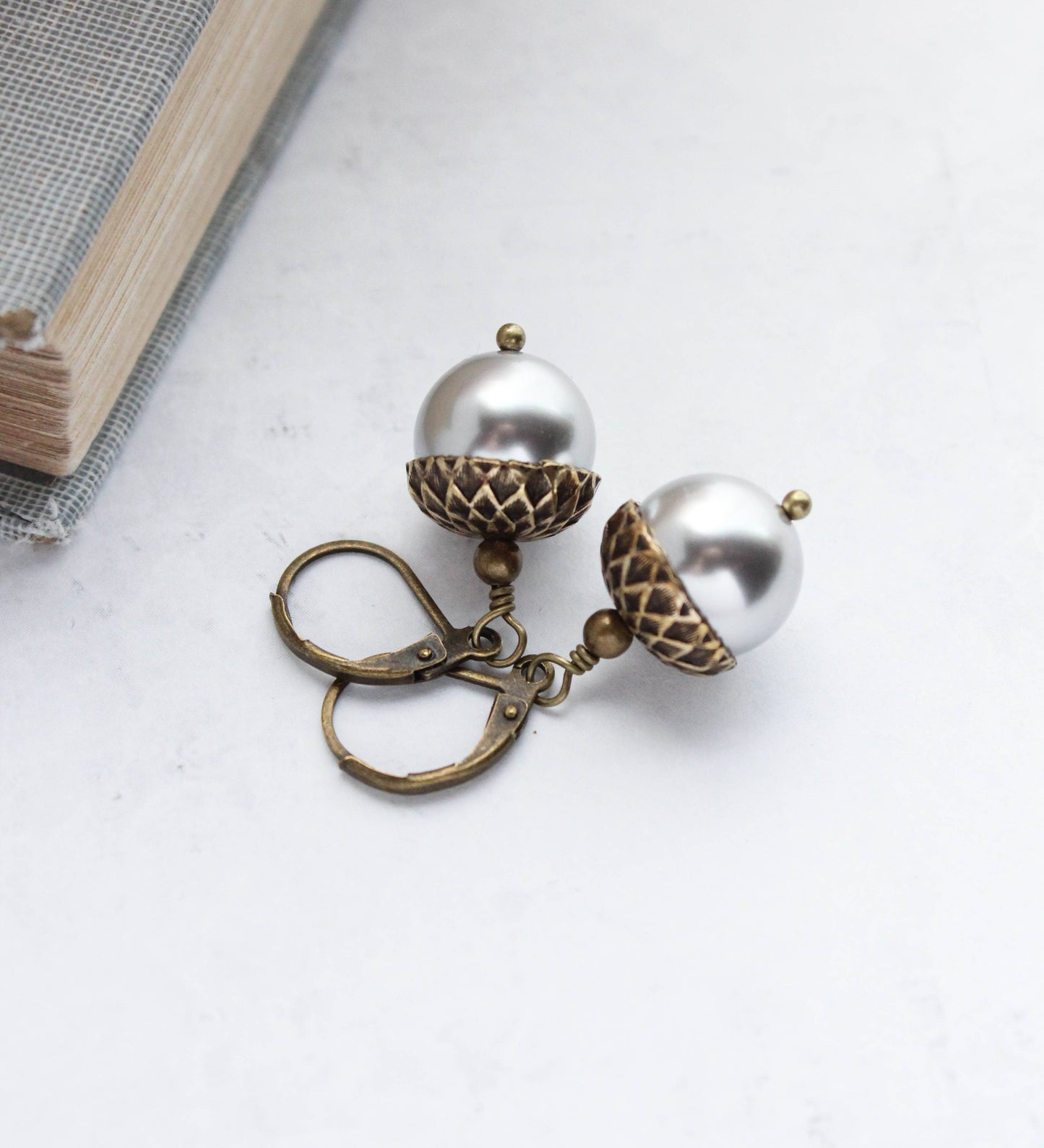 A Pocket of Posies - Light Silver Grey Pearl Acorn Earrings - ANTIQUED BRASS