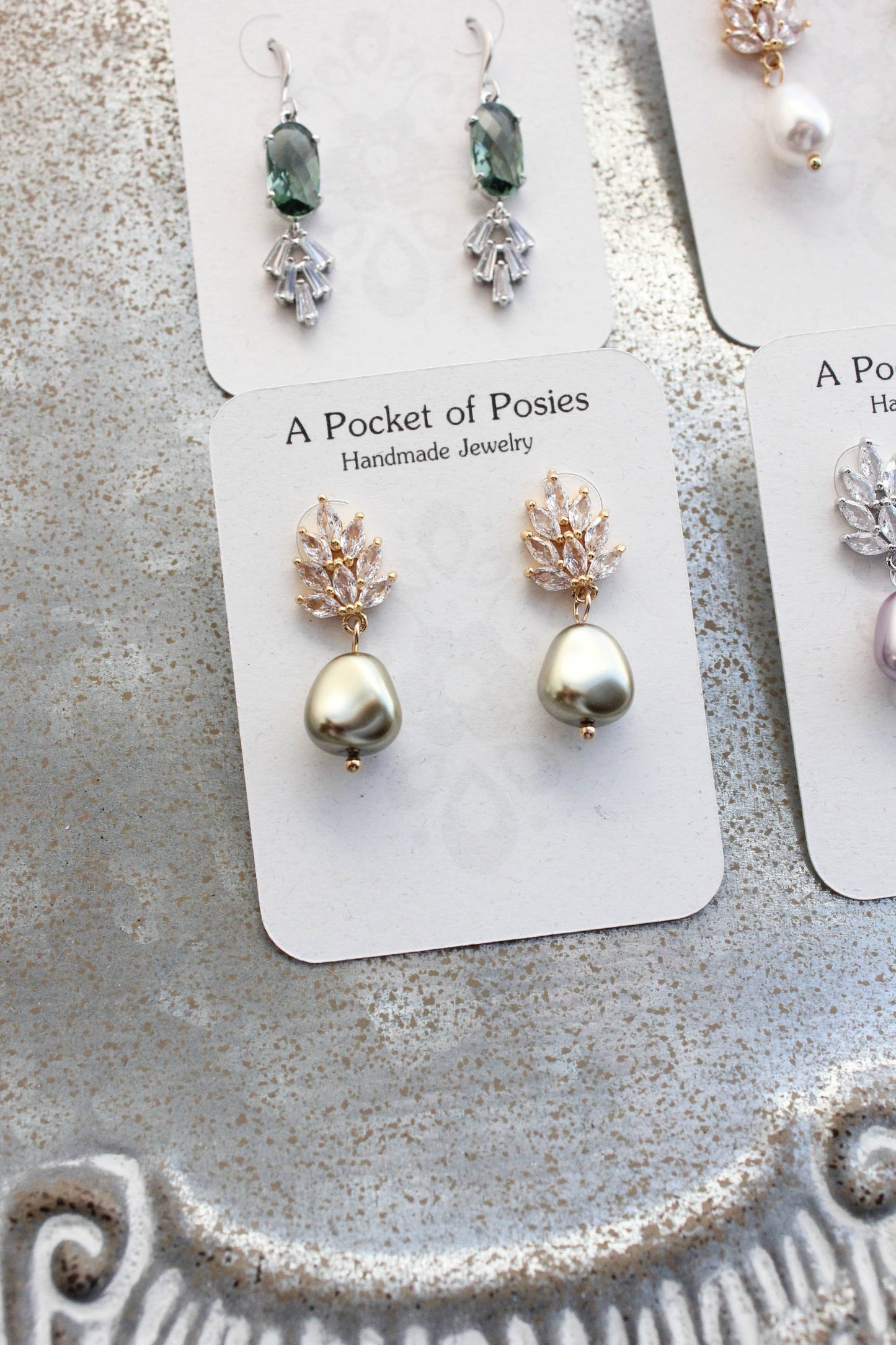A Pocket of Posies - Glass Leaf Post Earrings - Pearl Drop: Silver Plated / Ivory Cream/Baroque Pearl