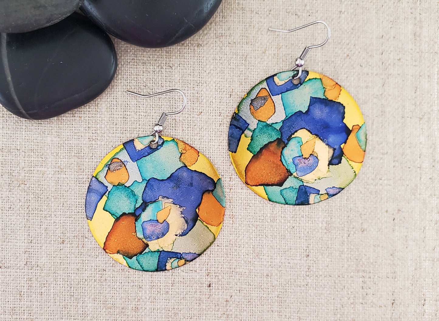 Covaly Artisan Jewelry - Alcohol Ink Large Circle Earrings: Pinks