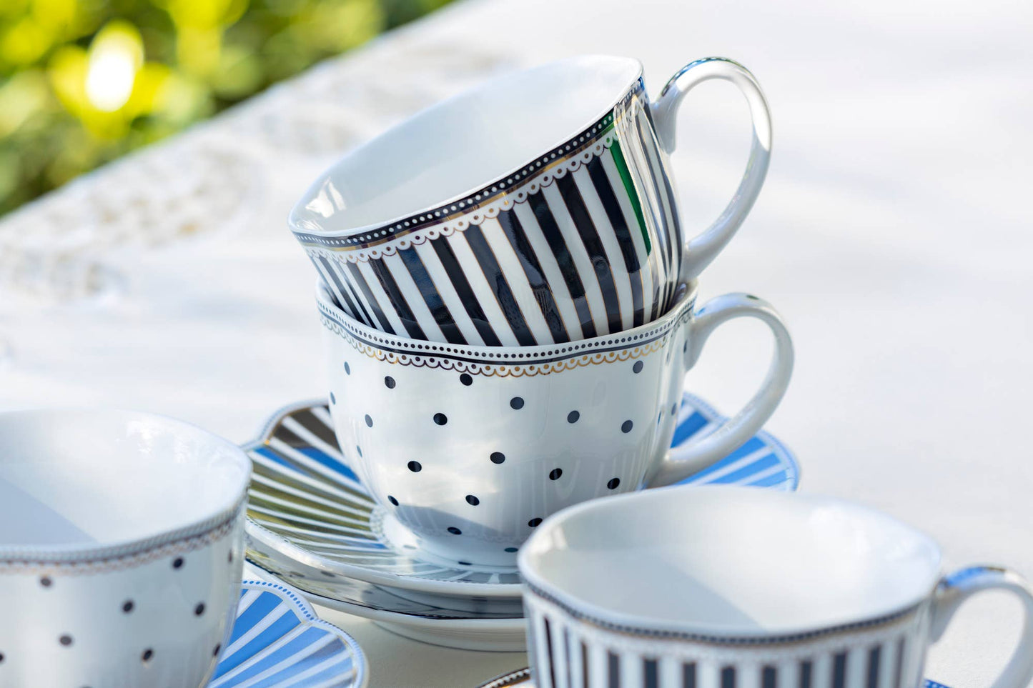 Grace Teaware - Black Josephine Stripes and Dots Fine Porcelain Cup and Saucer Sets