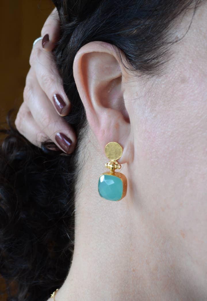 AJS Design Studio - Cushion Cut Aqua Chalcedony Post Earrings