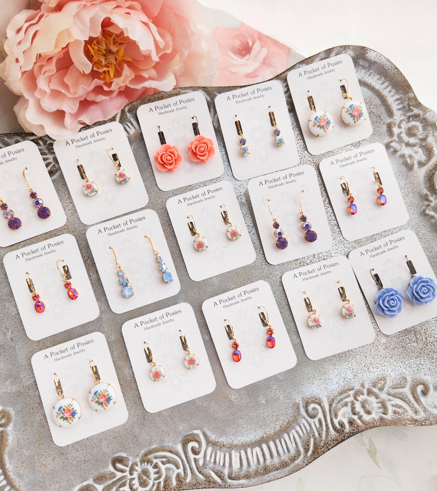 A Pocket of Posies - Little Blue Rose Cameo Earrings - Vintage Glass