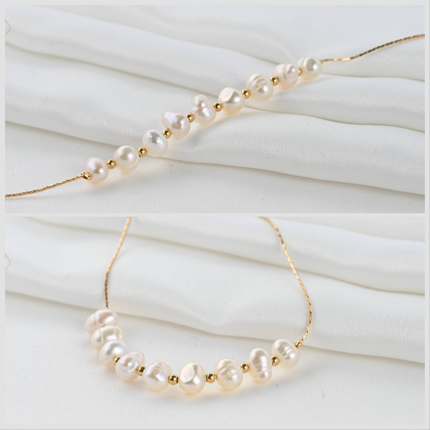 Blueyejewelry - Dainty Pearl Bracelets - 18k Gold Pearl Chain Bracelets: C. Full Pearl