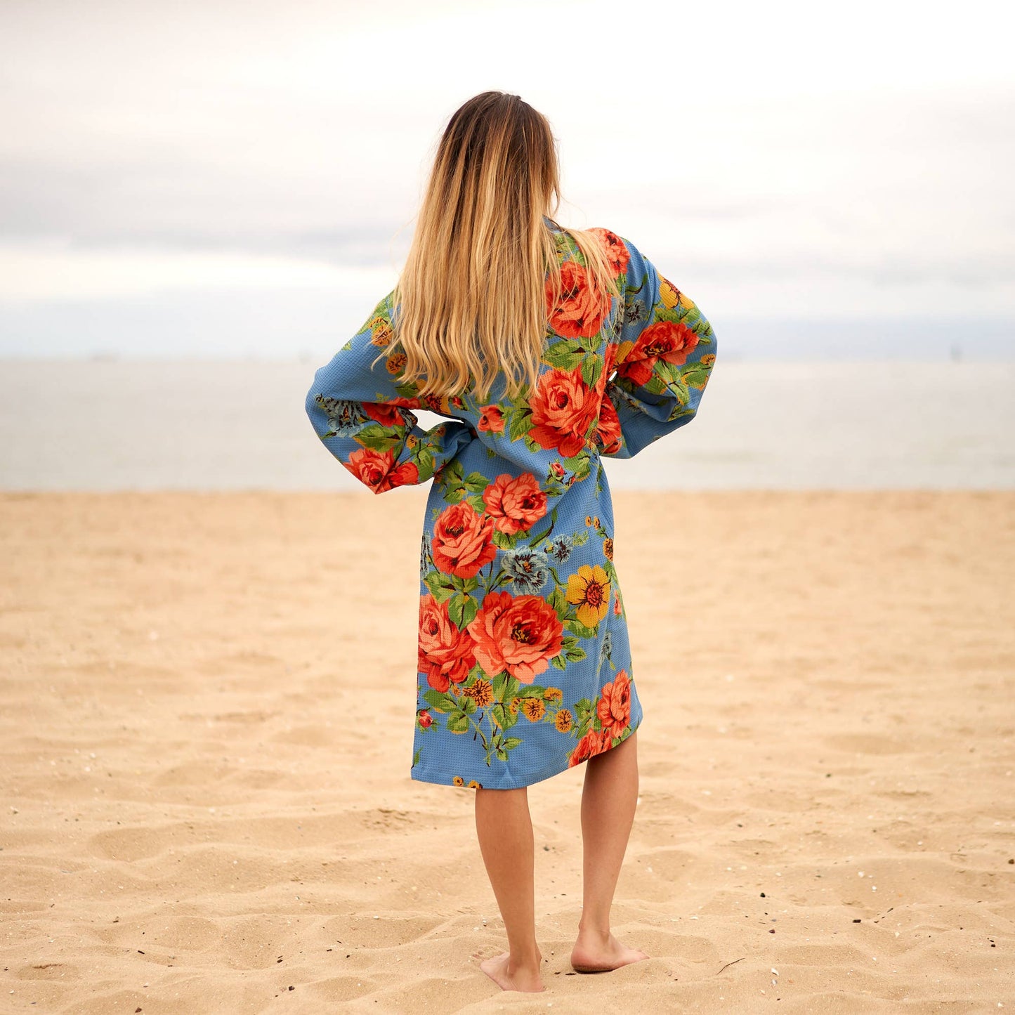 Linen Connections - Cotton Kimono | Bathrobe Frida | Waffle Robes - Floral Blue