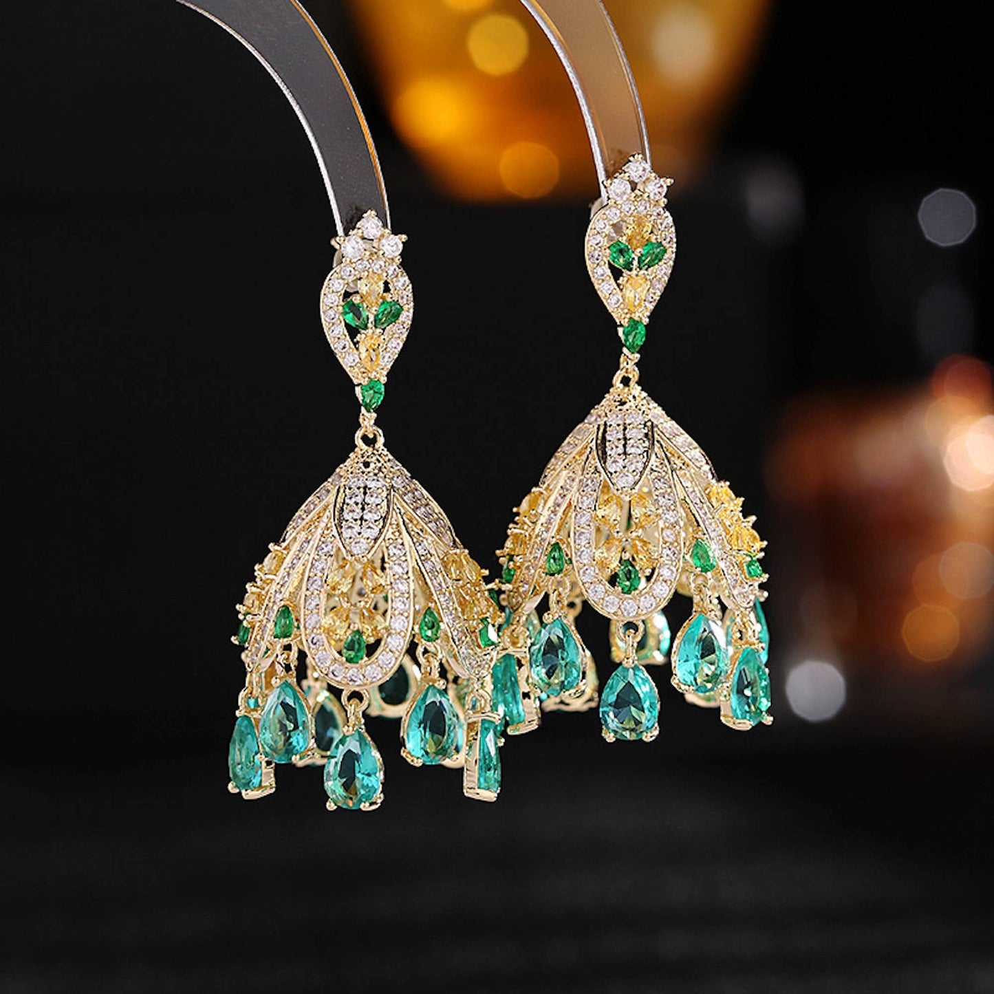 Cici’De Jewelry Amsterdam - Wind Bell-Inspired Royal French Palace Gold-Plated Zirconia: Green drop stones