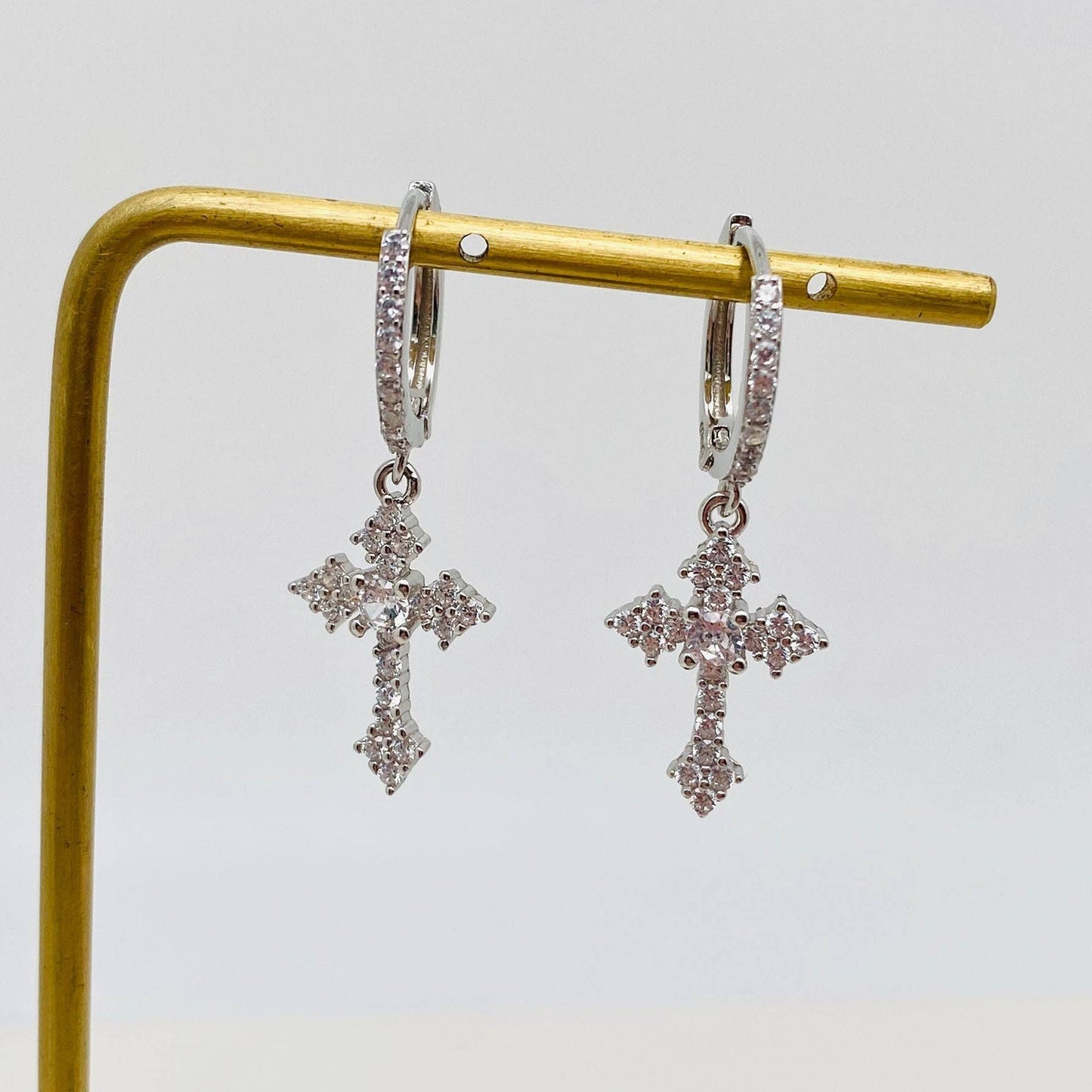 Mio Queena - Mini Zircon Cross Pendant S925 Silver Huggie Earrings: Golden