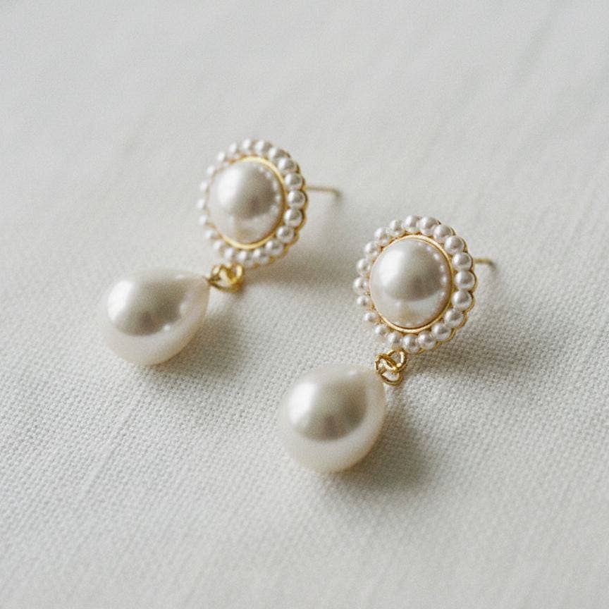 Ellemadera - Gold Plated Pearl Flower Drop Earrings