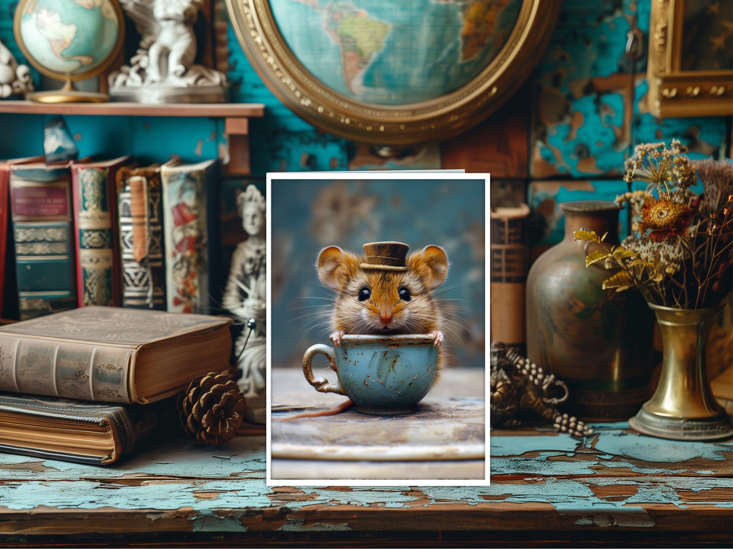 Salty Alyce - Mouse in Aqua Vintage China Tea Cup Blank Card 107AS