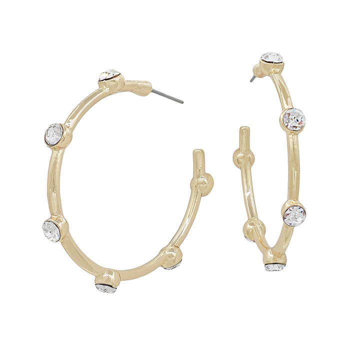 What's Hot - Gold Hoop with Rhinestone Stud Accents 1.5" Earring