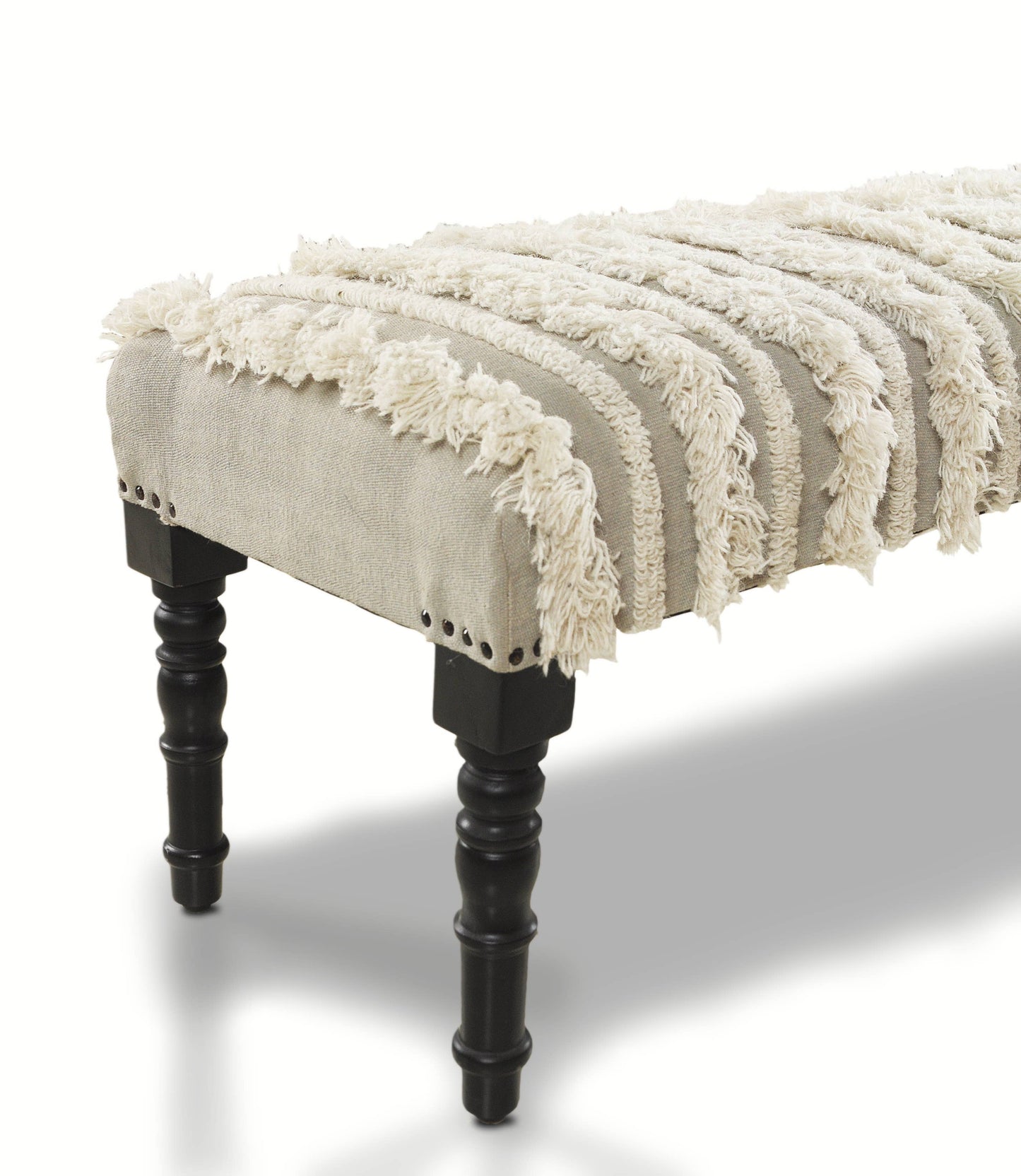 LR Home - Modern Stripped Cream Tufted Indoor Bench: Cream