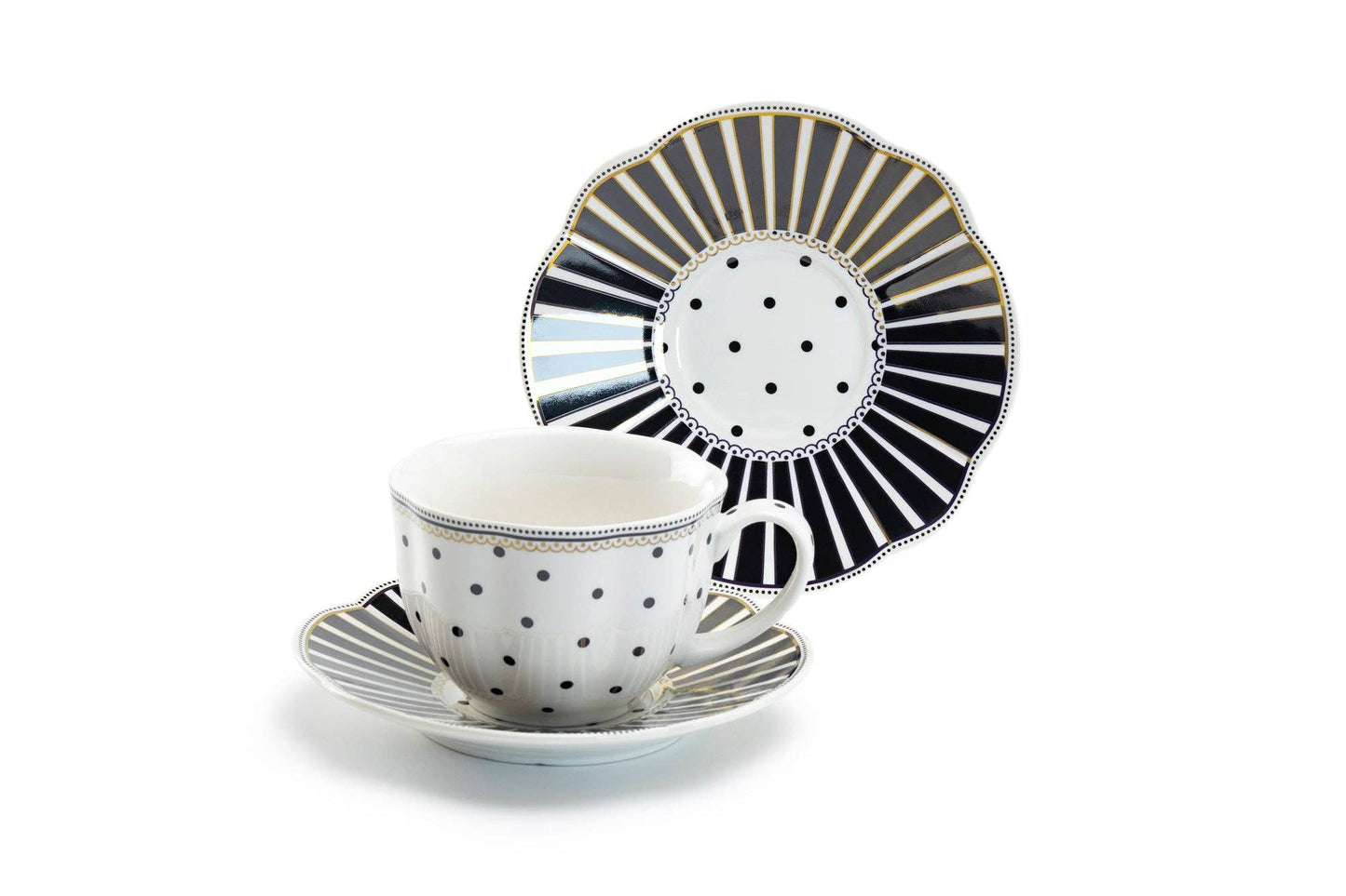 Grace Teaware - Black Josephine Stripes and Dots Fine Porcelain Cup and Saucer Sets