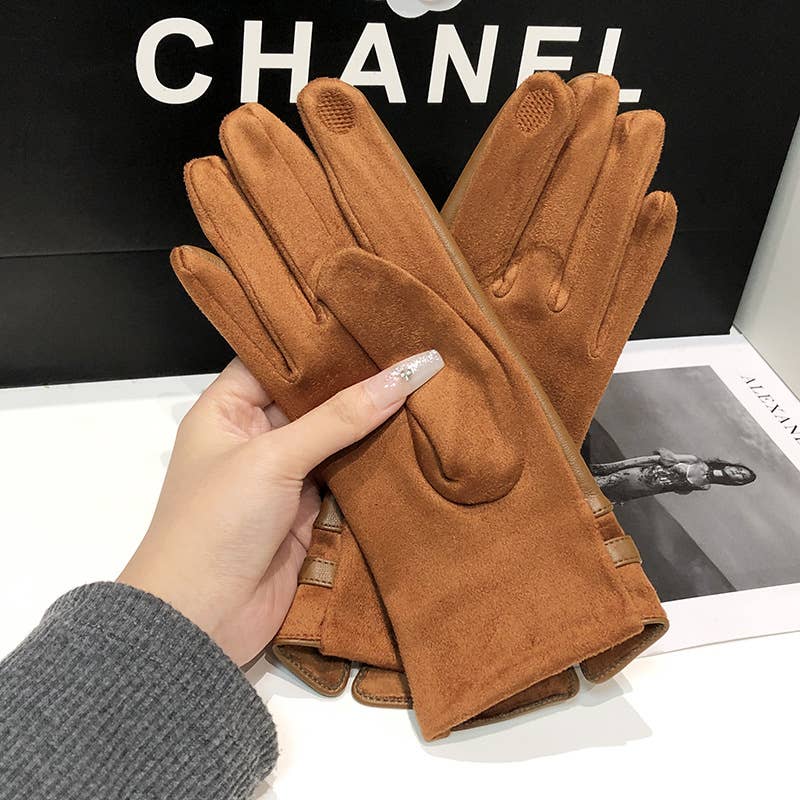 PEACH ACCESSORIES - LG004 Classic Elegance PU Leather Gloves with Shiny Buckle: Beige