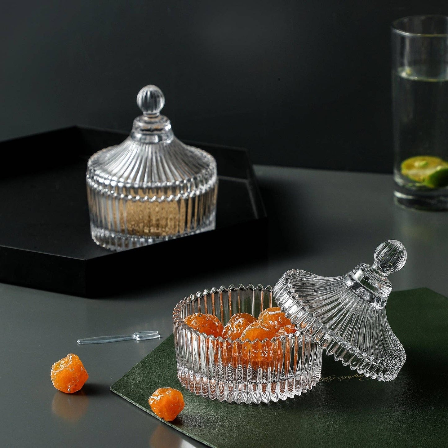 Everest Global - Crystal Clear Castle Glass Candy Jar with Lid set of 2: Ø4.1" x 4.7" H