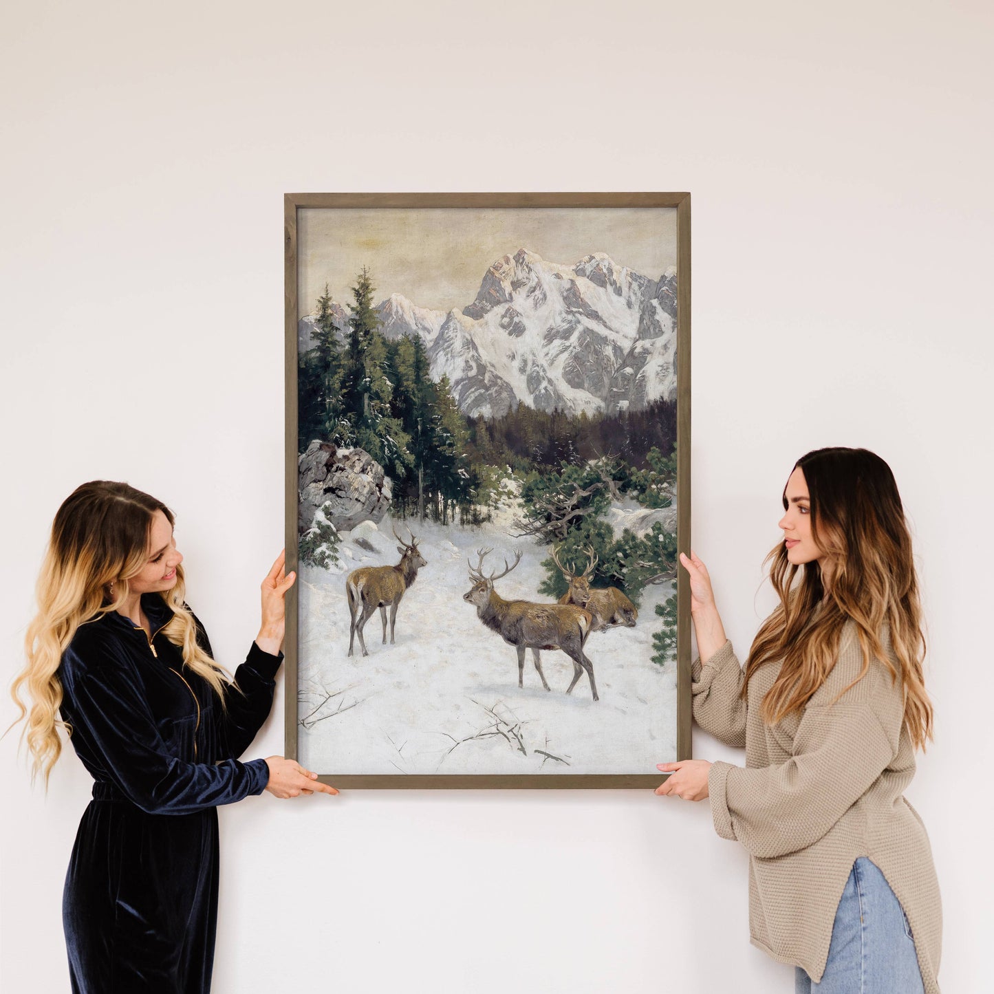Hangout Home - Winter Deer Mountains - Cabin Wall Art - Framed Animal Decor: 24x36" Extra Large Canvas Art with Thick Wood Frame