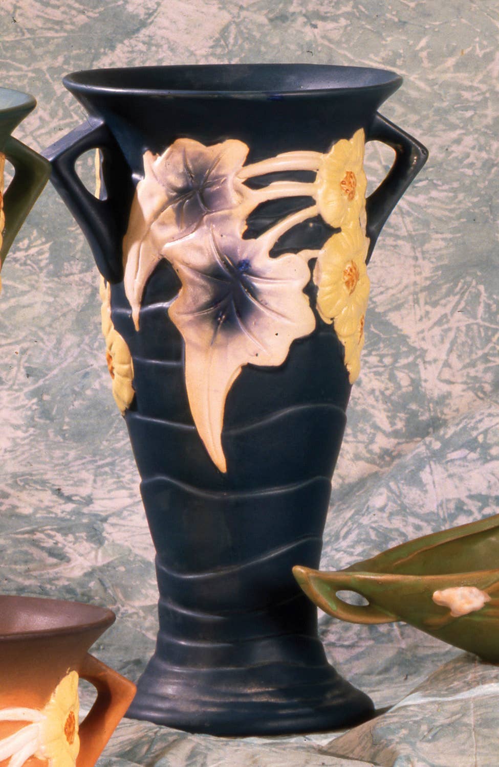 AA Importing - Roseville-Style, Luffa Vase in Blue & Brown, 13": Blue
