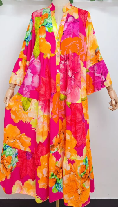 LOOWIE - SVBF One Size Vibrant Pink Floral Patchwork Maxi Dress