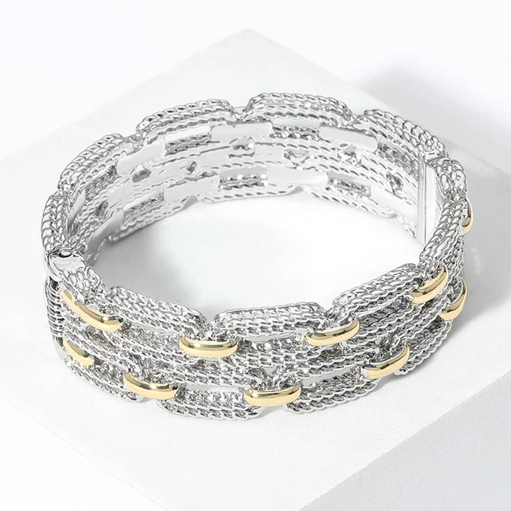 Sensibling Corp. - Two Tone Double Layered Textured Link Hinged Bangle Bracelet