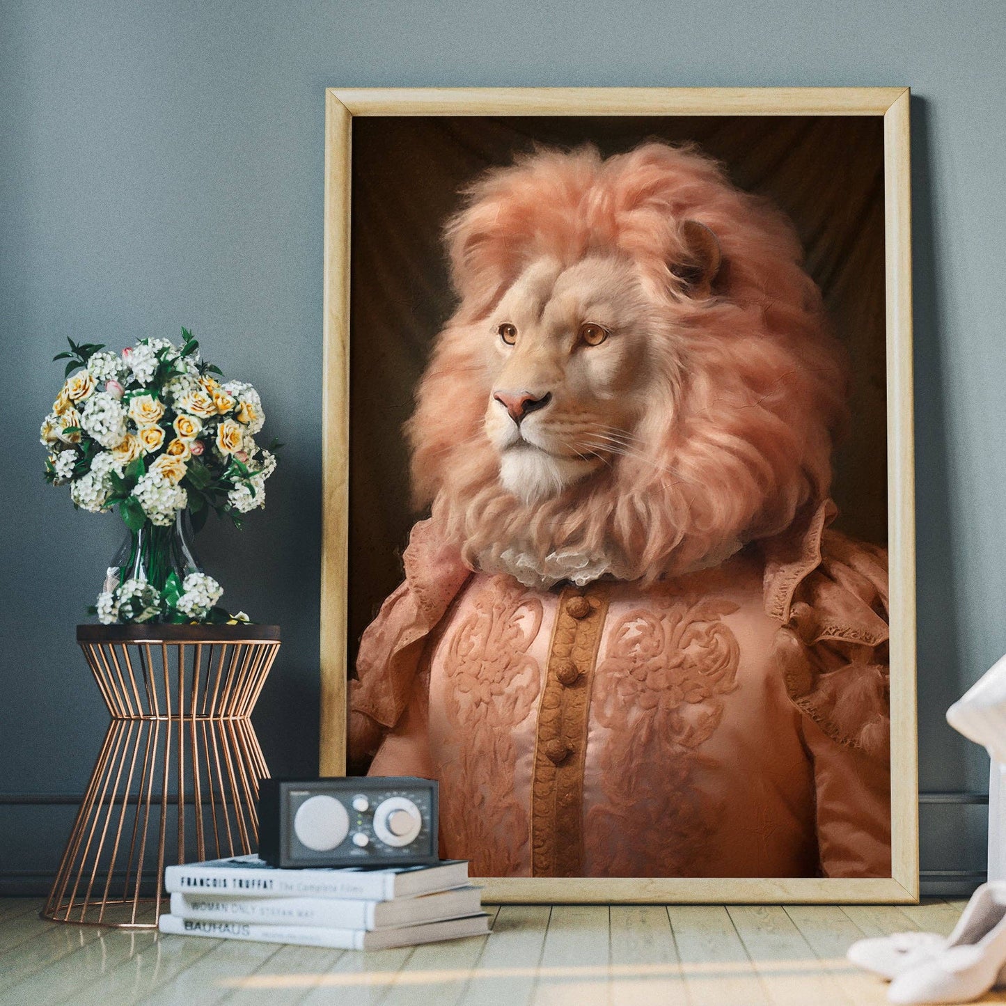 Ink & Drop - Lion in Peach Jacket Animal Portrait Print: 11 ¾ x 15 ¾ in | 30x40 cm / Matte