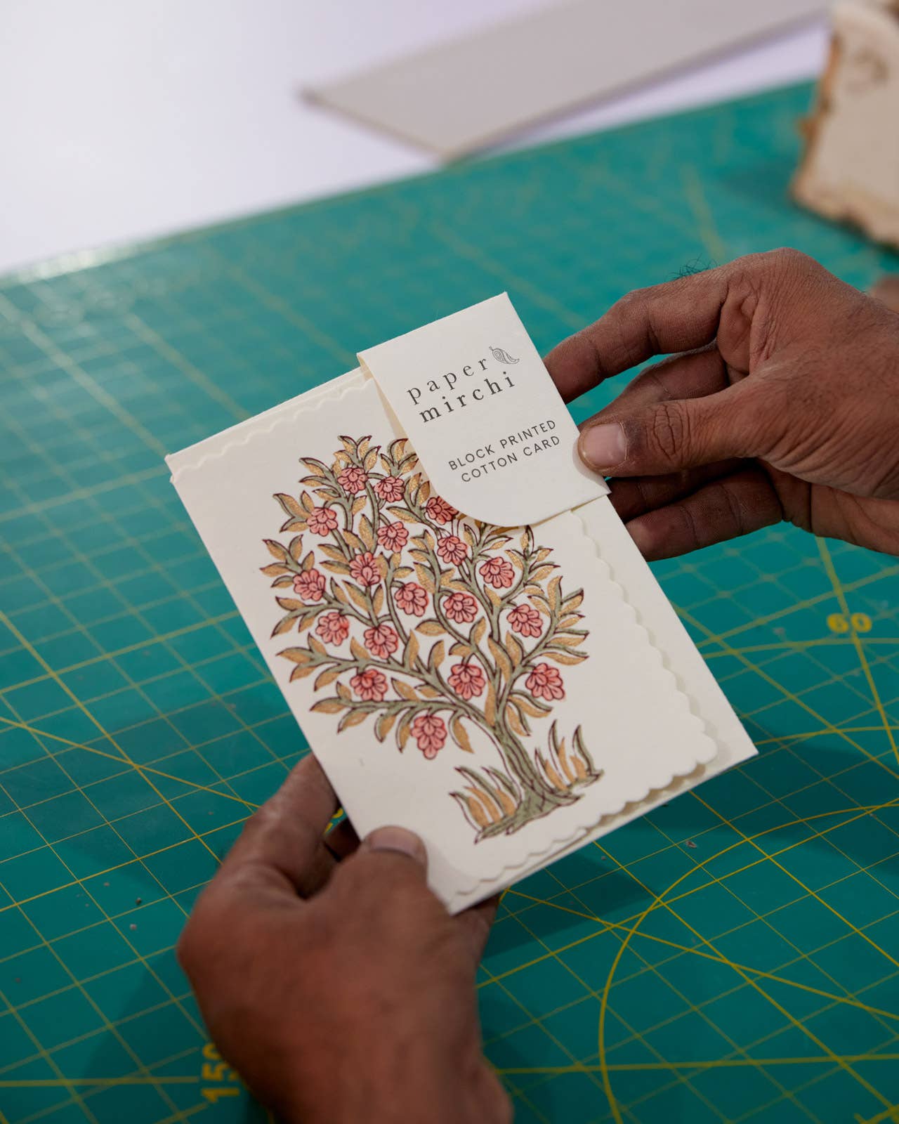 Paper Mirchi - Hand Block Printed Greeting Card - GC Mogra Coral