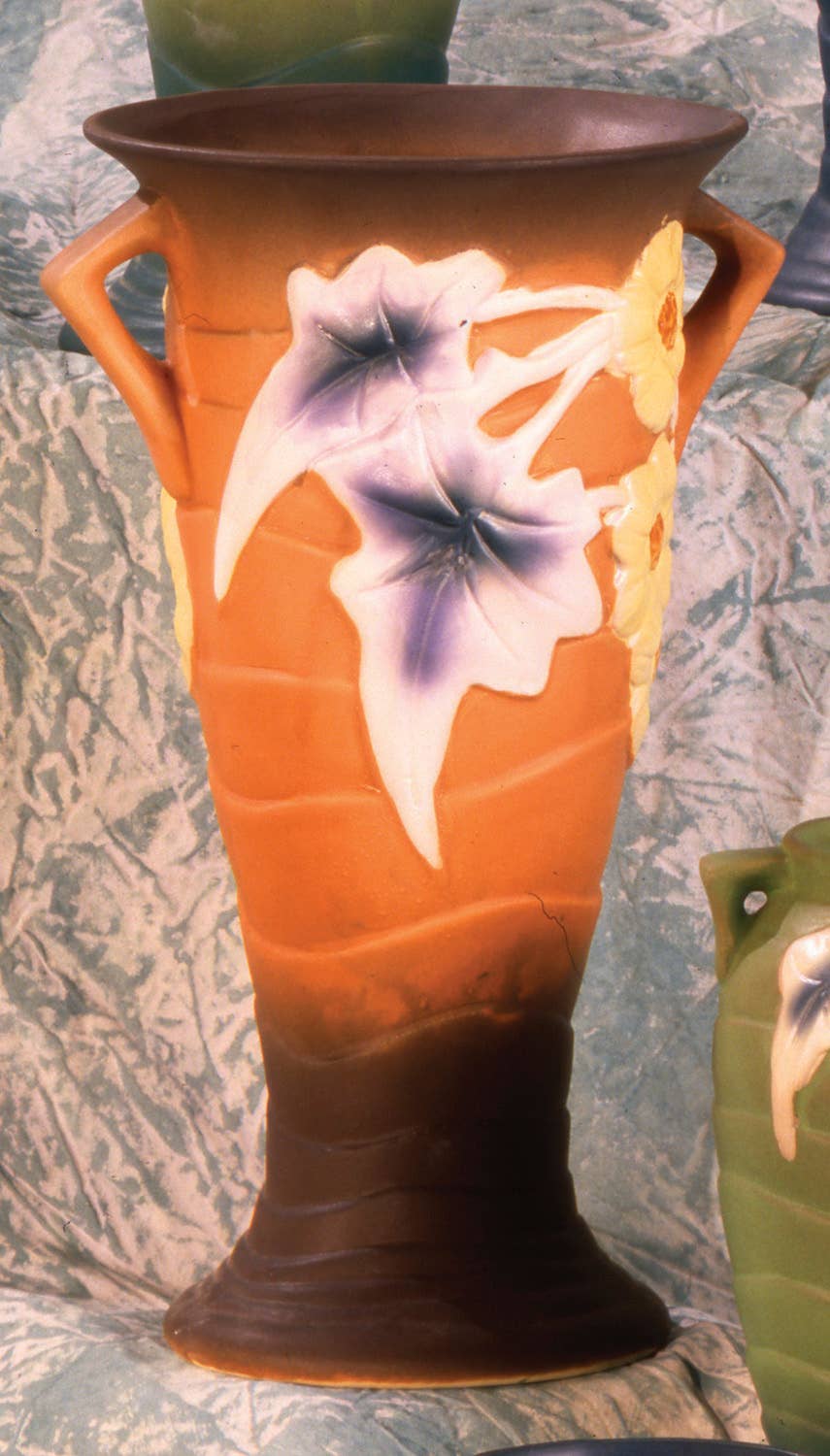 AA Importing - Roseville-Style, Luffa Vase in Blue & Brown, 13": Blue