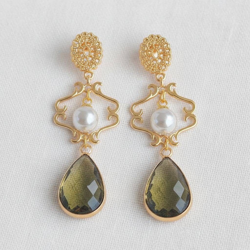 Ellemadera - Pearl & Olive Green Crystal Dangle Earrings
