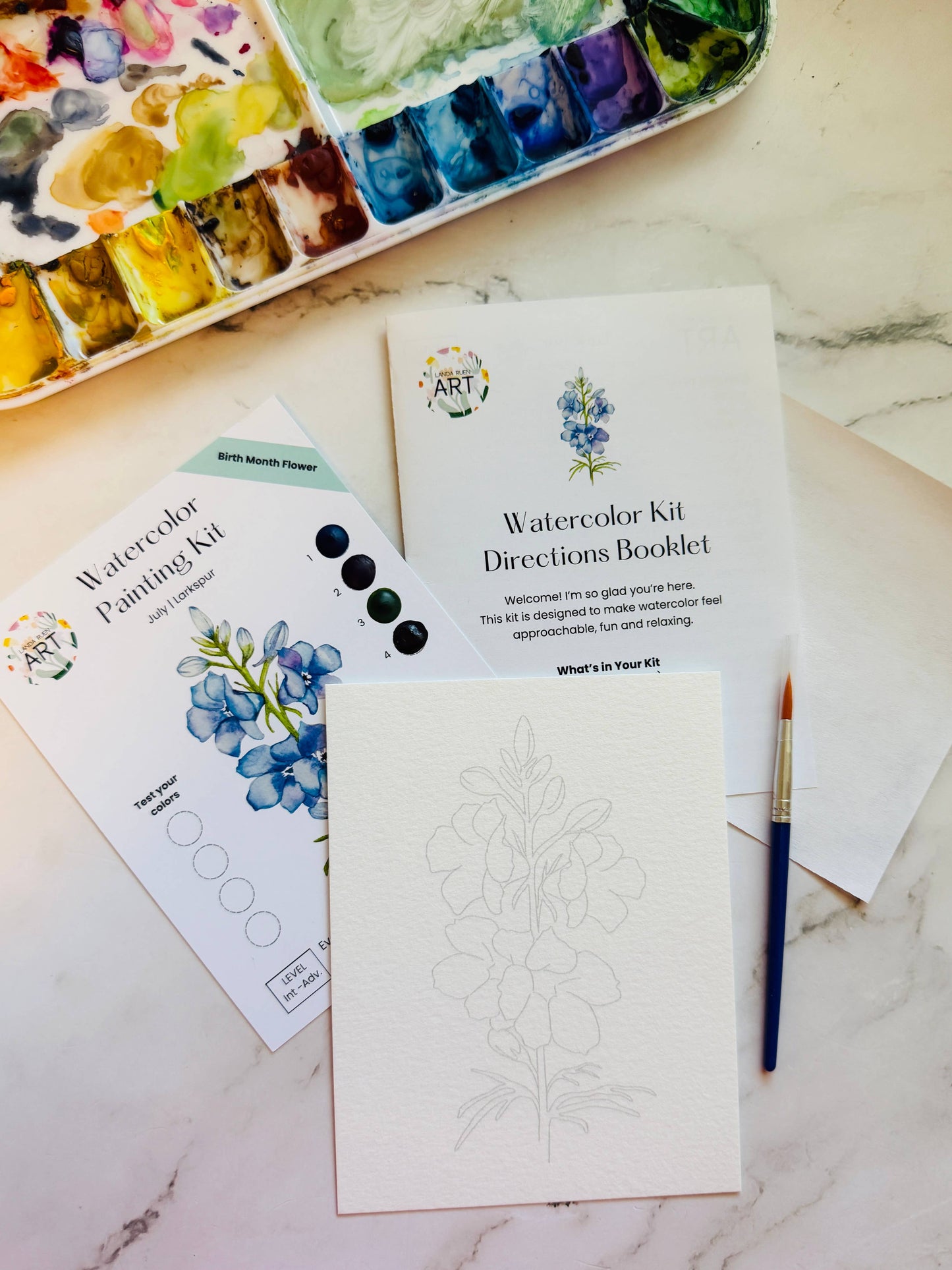 Landa Ruen Art - Larkspur Watercolor Kit | July Birth Month Flower