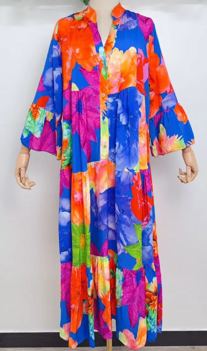 LOOWIE - SVBFB One Size Vibrant Blue Floral Patchwork Maxi Dress