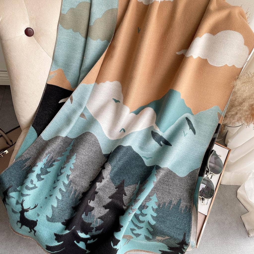Winding River - Cozy Cashmere Feel Travel Blue/Tan Mountain Reversible Shawl