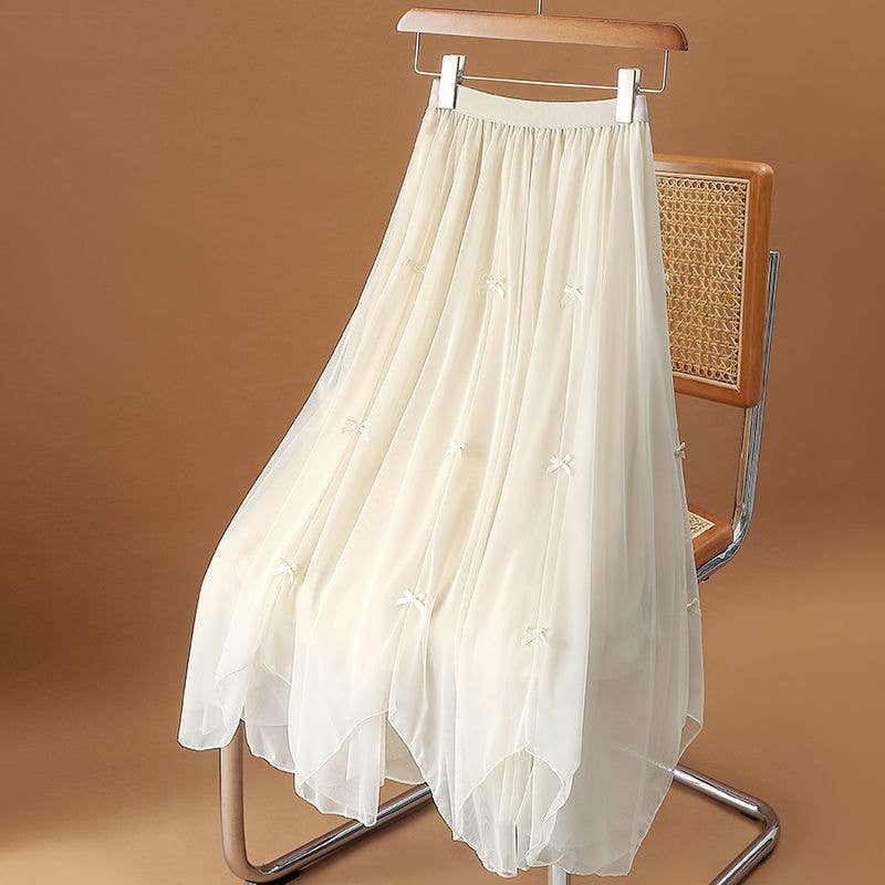 PEACH ACCESSORIES - SK117 frilly netting skirt with delicate silky bow details: Brown
