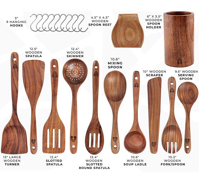 Woodenhouse - 12 pcs Wooden Utensils Set with Holder, Spoon Rest & Hooks