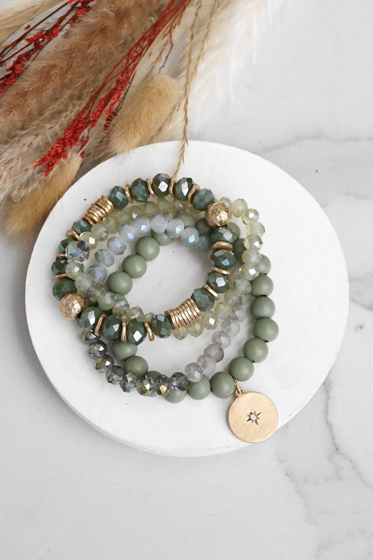 PennyLine inc - Beaded bracelets stack in Olive green with a coin charm