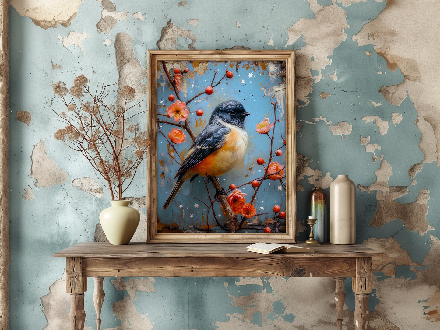Salty Alyce - Bird in Spring Flower Antique Painting Wall Decor 101AS