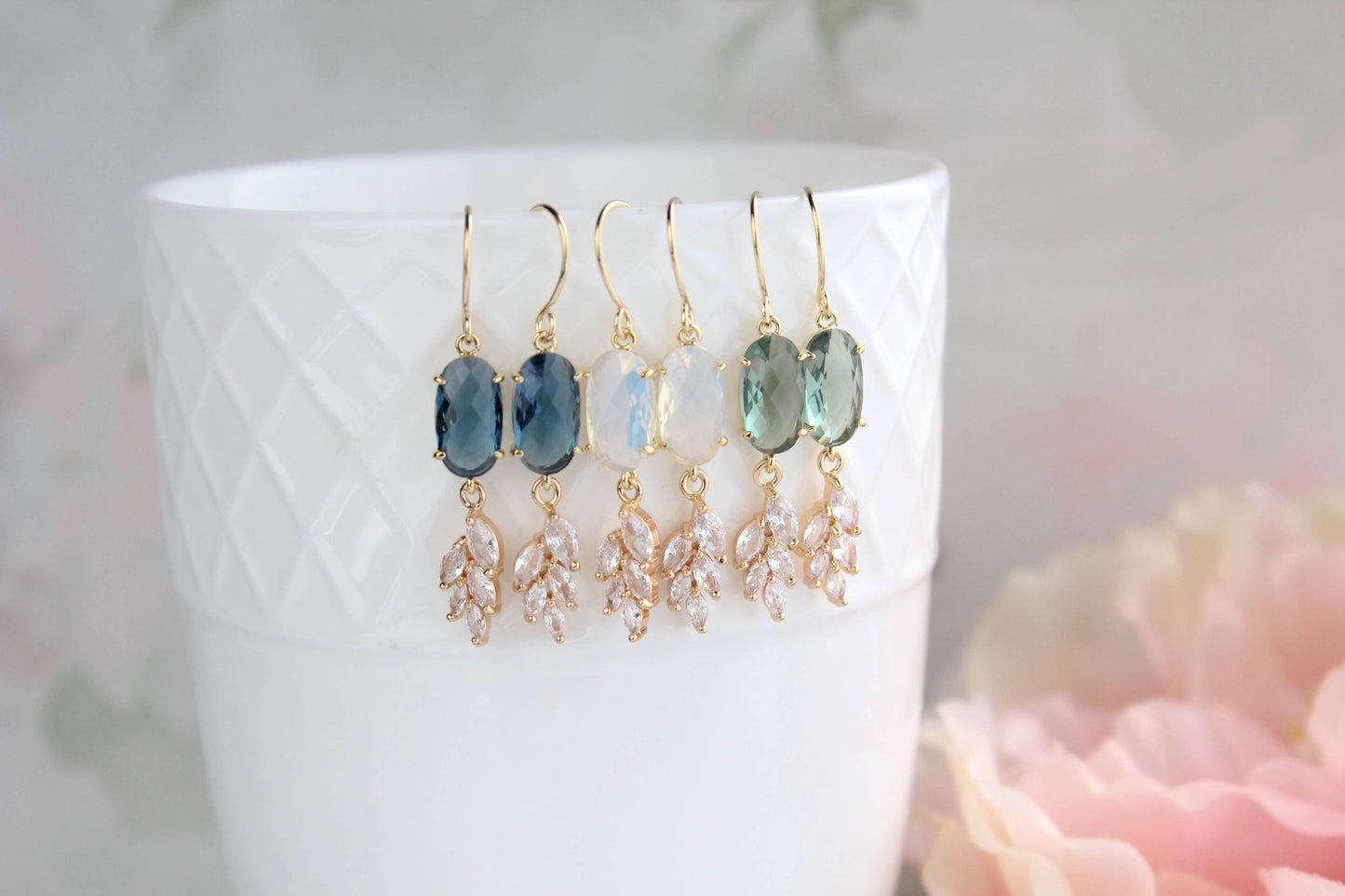 A Pocket of Posies - Sparkling Crystal Earrings | Leaf Earring | Bridal Earrings: Erinite Green