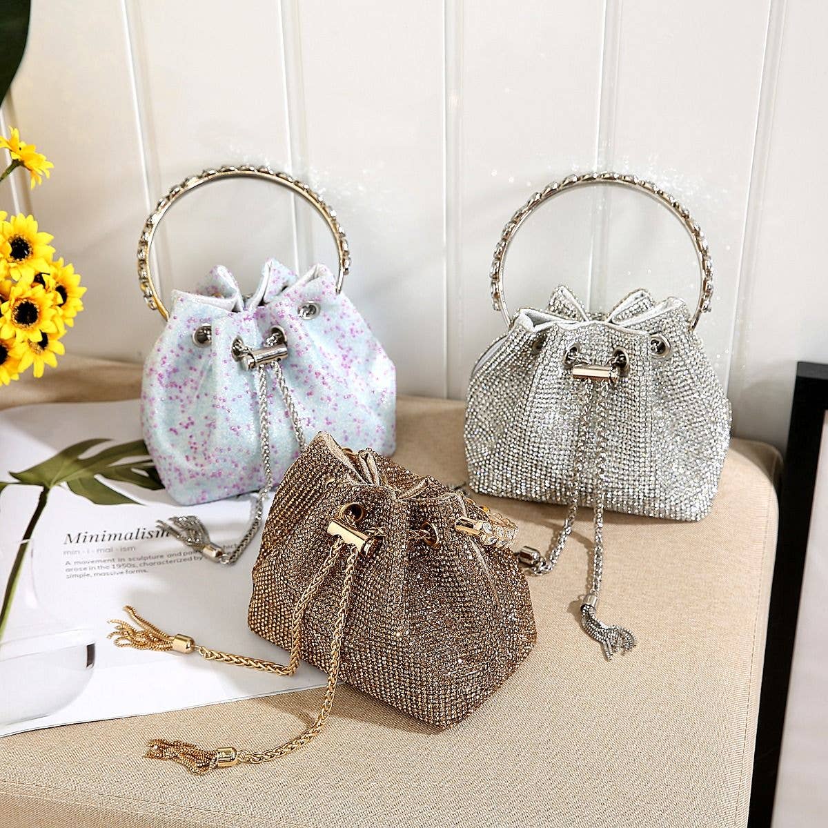 PEACH ACCESSORIES - 6641 crystal bucket bag with crystal handle: Gold