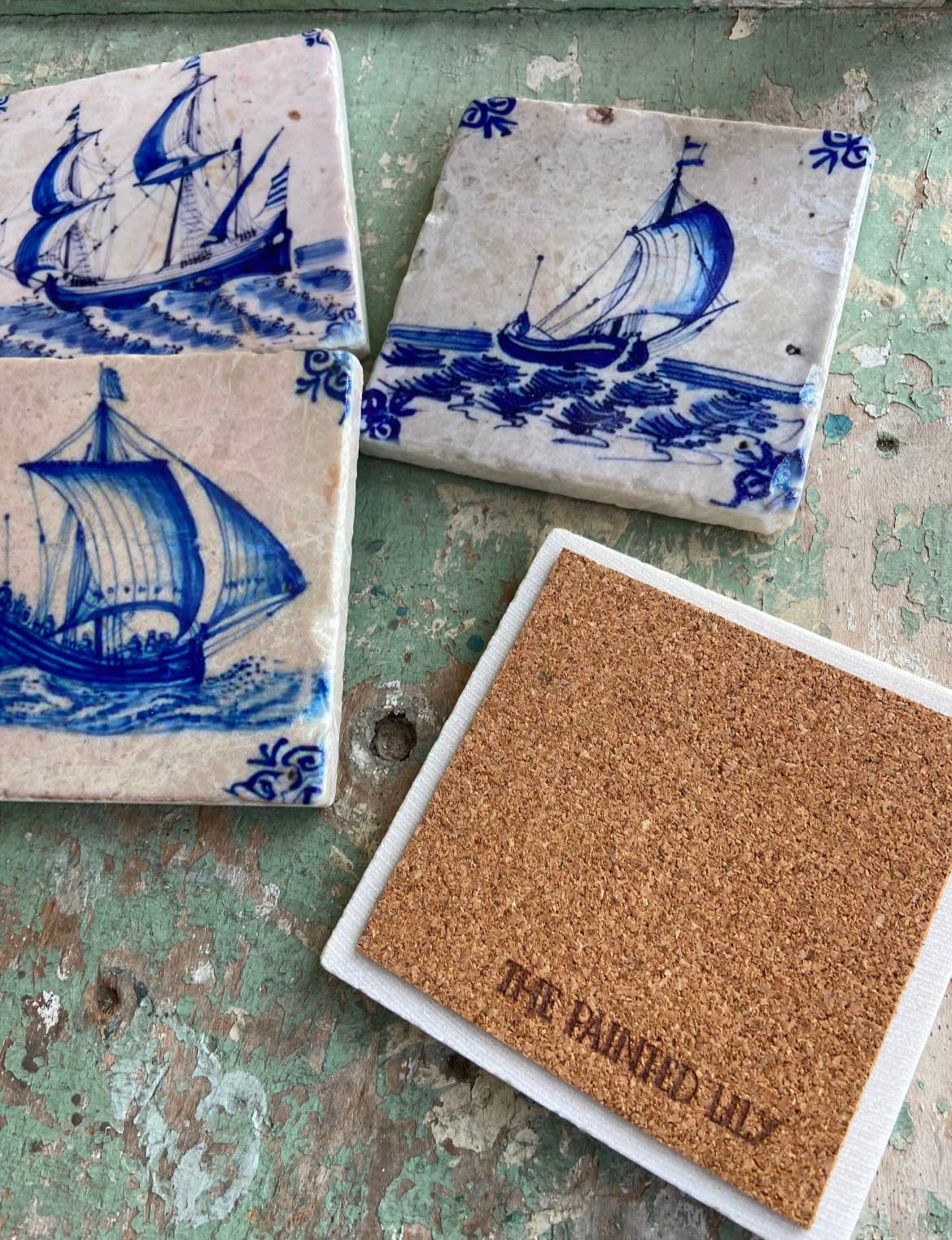 The Painted Lily - Delft Boats stone coasters - case of 4