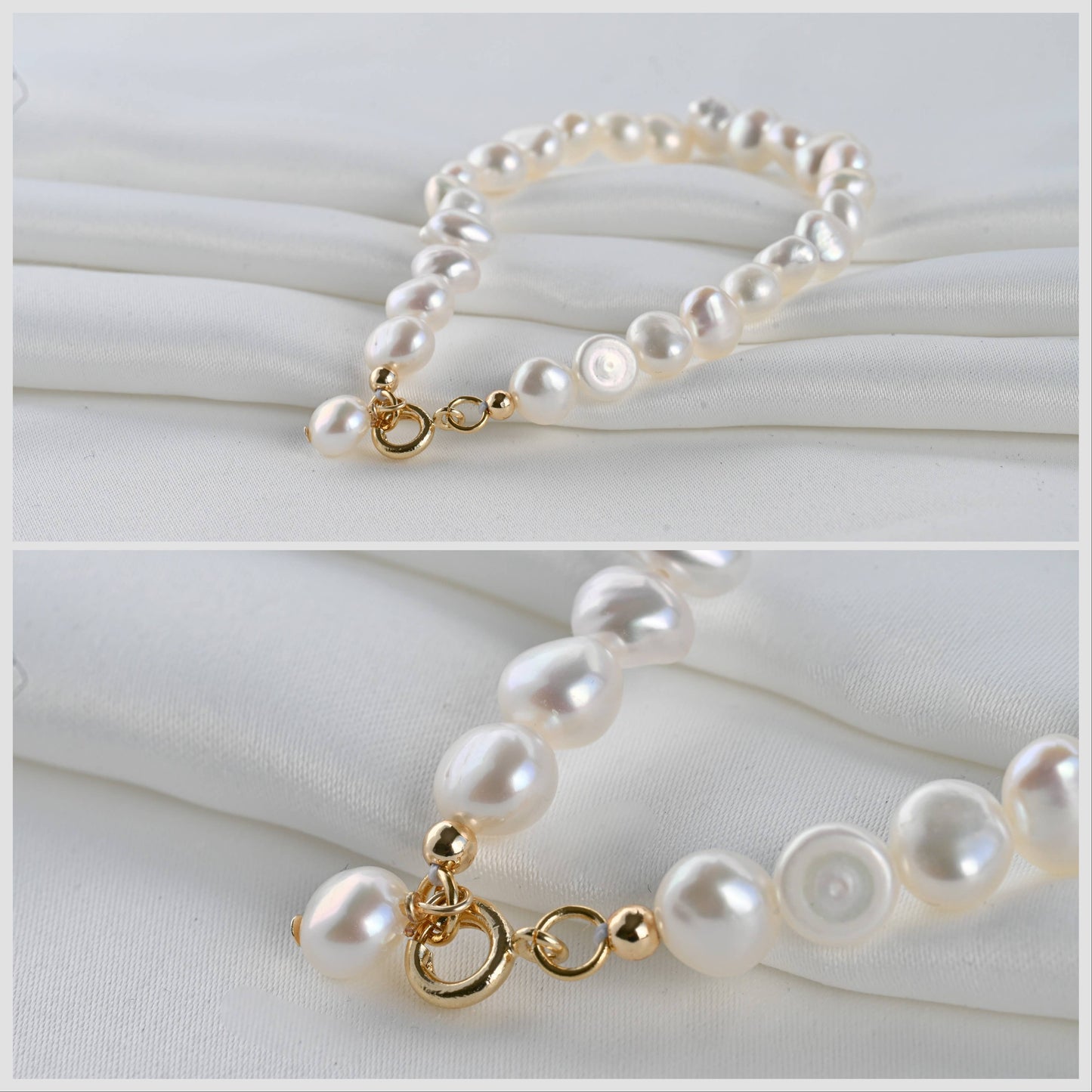 Blueyejewelry - Dainty Pearl Bracelets - 18k Gold Pearl Chain Bracelets: C. Full Pearl