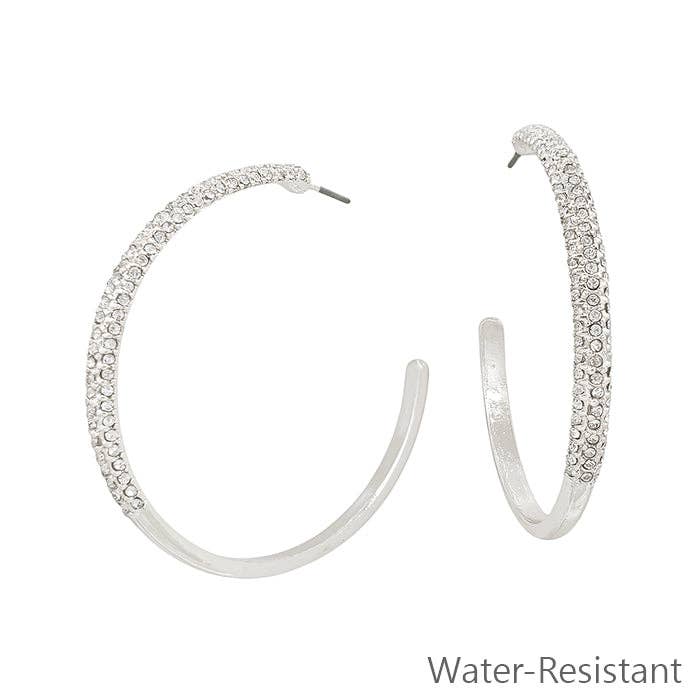 What's Hot - Water Resistant Silver 2" Pave Hoop Earring