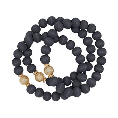 What's Hot - Black Wood Beaded and Gold Set of 3 Stretch Bracelets