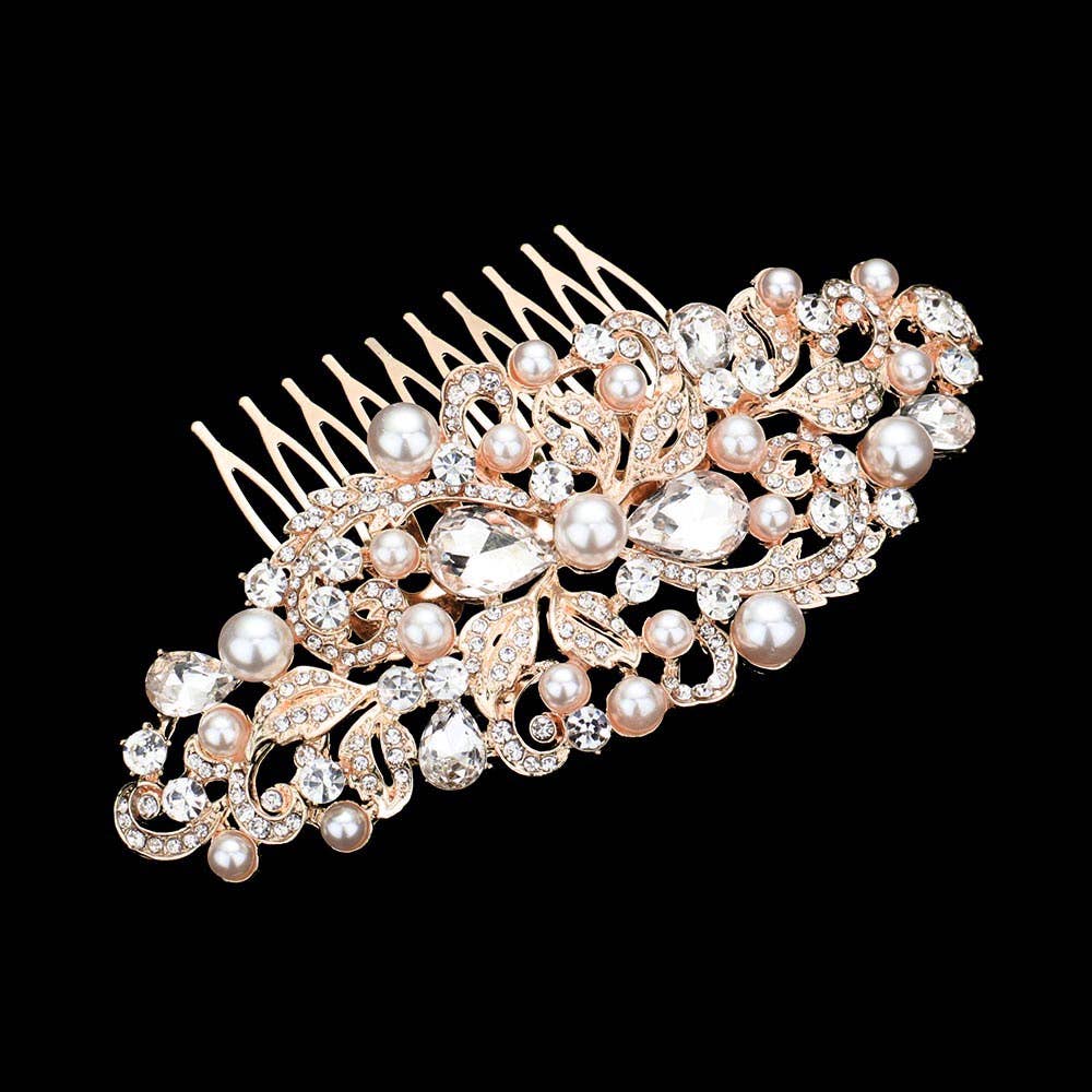 Sensibling Corp. - Pearl Accented Rhinestone Embellished Leaf Cluster Hair Comb