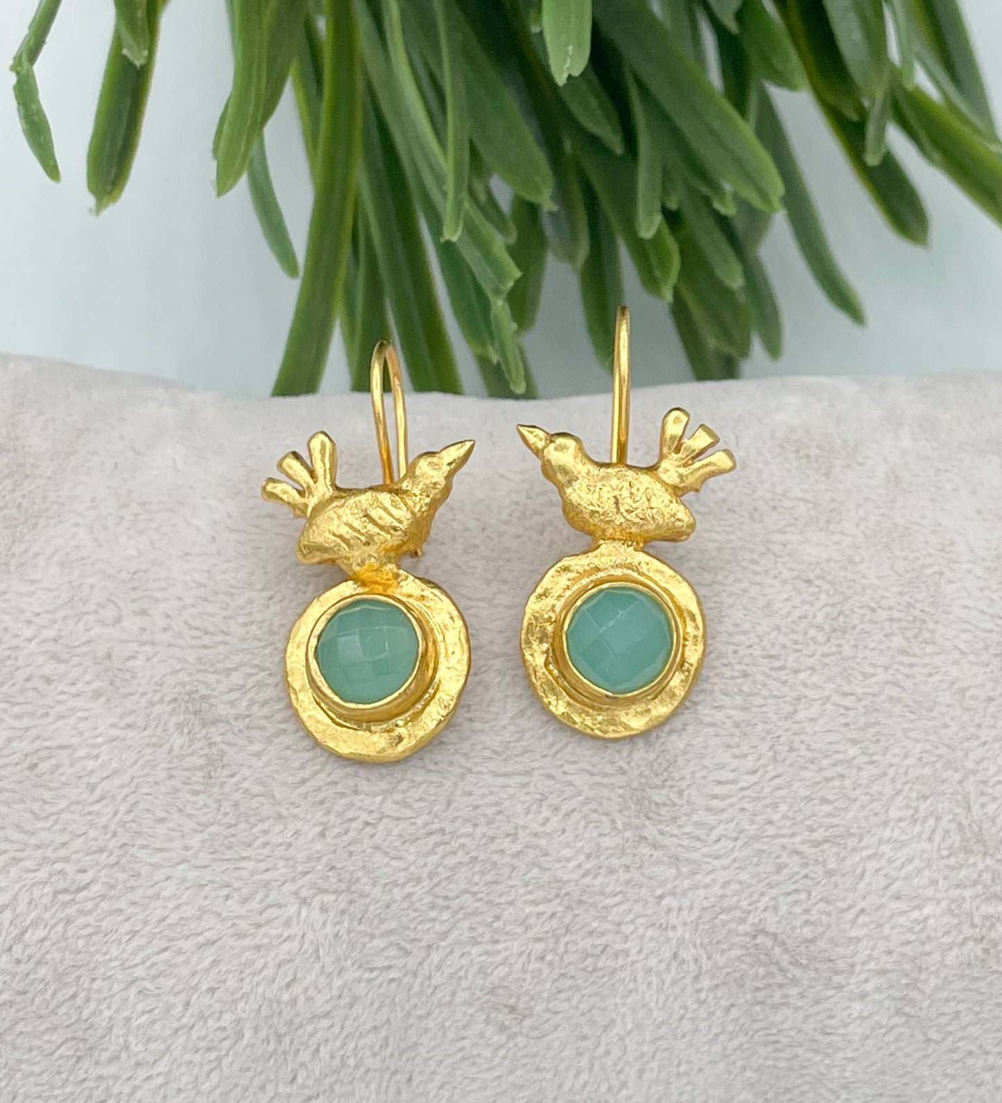 AJS Design Studio - Gold plated bird earring with aqua chalcedony