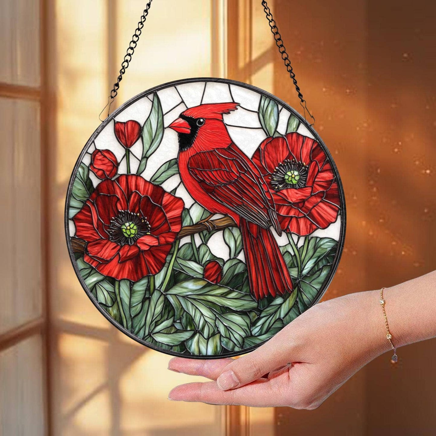 NVC Ecommerce LLC - Cardinal and Red Poppy Suncatcher, Floral Ornament: 11.8in