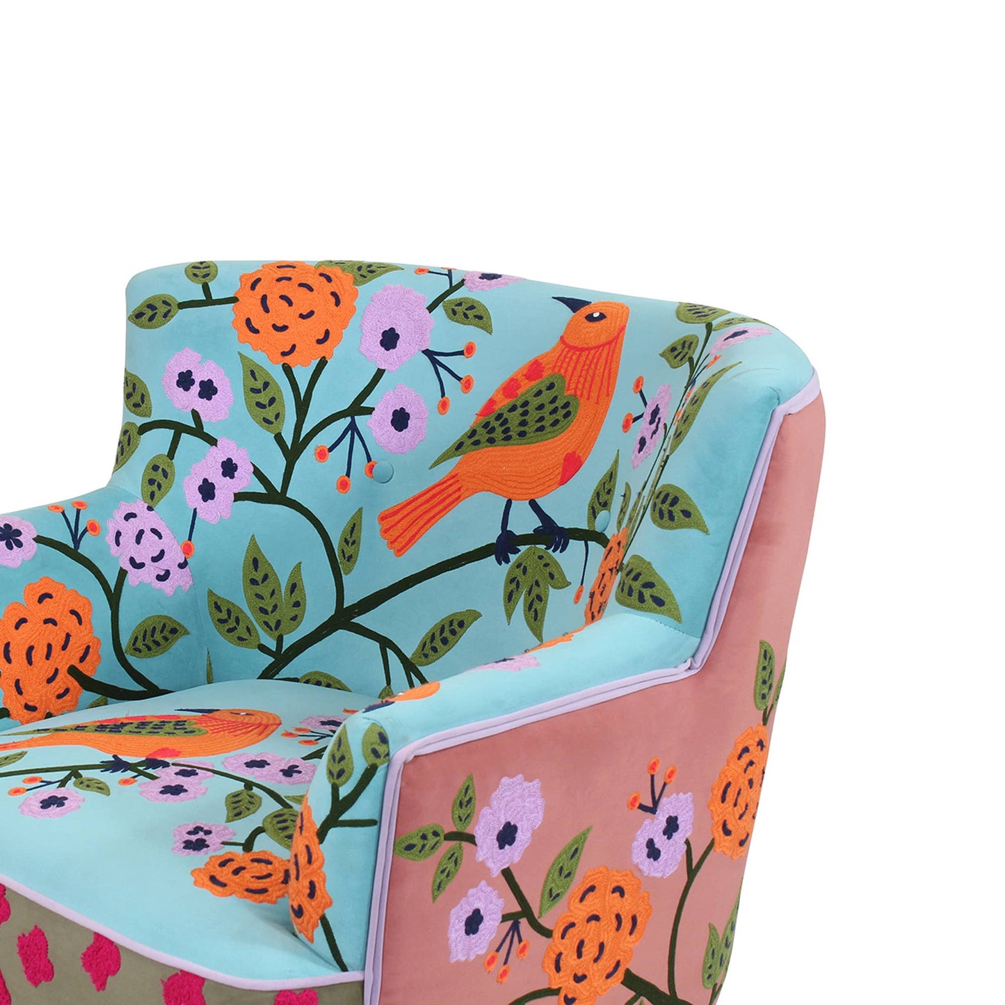 LR Home - Multi Floral Embroidered Hand- made Wood Square Chair