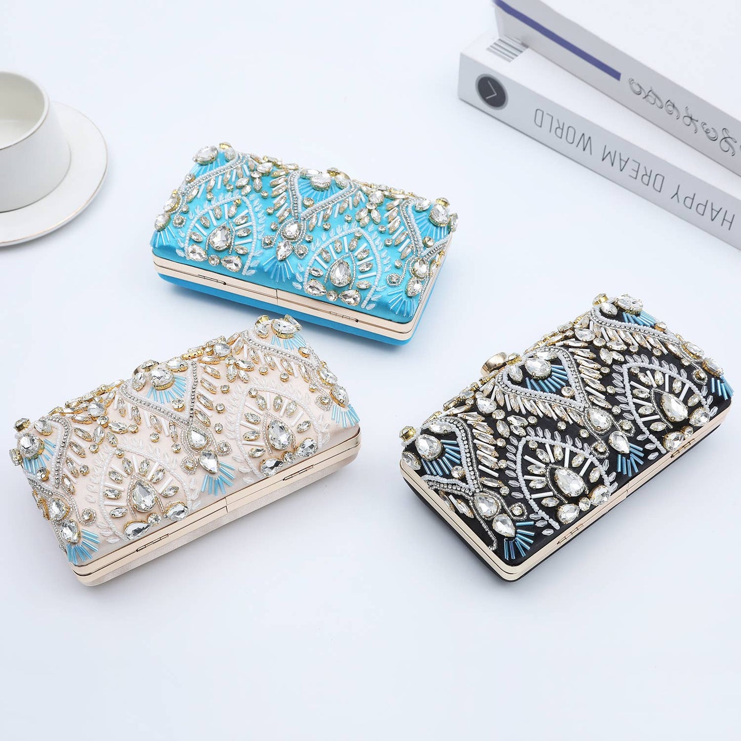 PEACH ACCESSORIES - 0308 Clutch bag with embellished jewelled details: Black